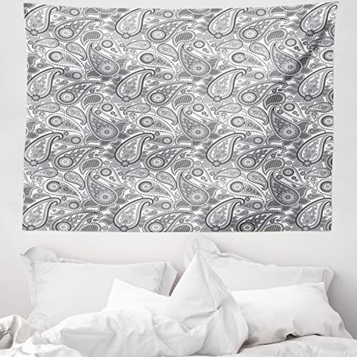 ABAKUHAUS Cachemir Tapiz de Pared y Cubrecama Suave, Hoja Persa Digital, Resistente a la Suciedad, 150 x 110 cm, Gris Y Blanco