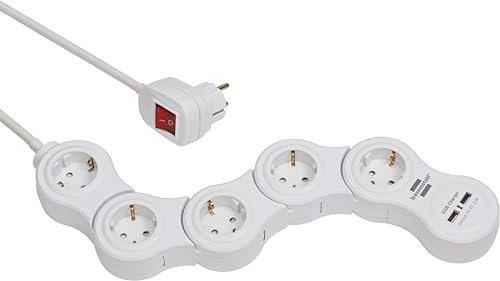 Brennenstuhl Vario grenuttag med USB-laddningsfunktion/eluttag för mobil 5-vägs (1,4 m kabel med strömbrytare och 2 USB-laddningsuttag) vit