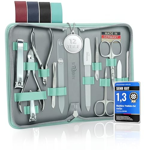 marQus set manicura y pedicura de 12 piezas en estuche de piel - Incluye tijeras, alicates, limas de uñas profesionales y mucho más