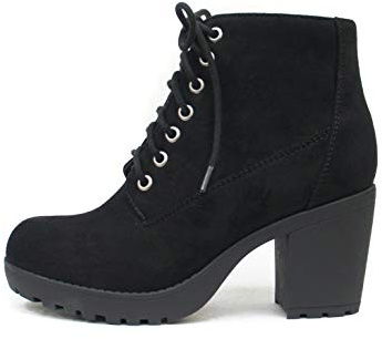 Soda Second Lug Sole Chunky Heel Combat Ankle Boot Lace up w/Side Zipper (10, Black Imitation Suede)