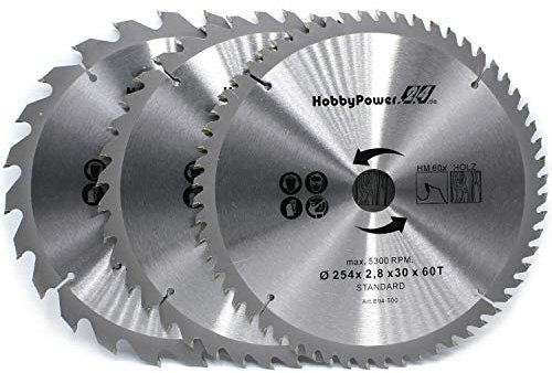 3 Kreissägeblätter 254x30mm 24, 40 und 60 Zähne + 3 Reduzierringe je Sägeblatt auf 24,4mm, 20mm und 16mm für Metabo Kappsäge KS 254 Plus