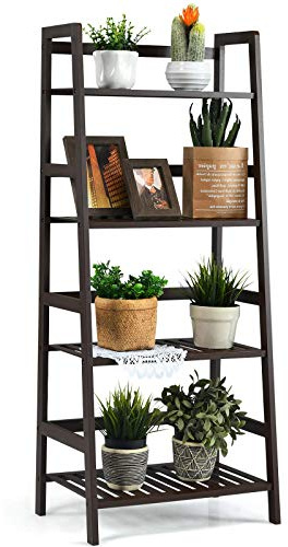 Giantex 4-Tier Ladder Shelf, Multifunctional Ladder-Shaped Bookcase Storage Shelves, Bamboo Plant Stand Flower Pots Holder, Display Rack for Living Room Bathroom Bedroom Kitchen (Espresso)
