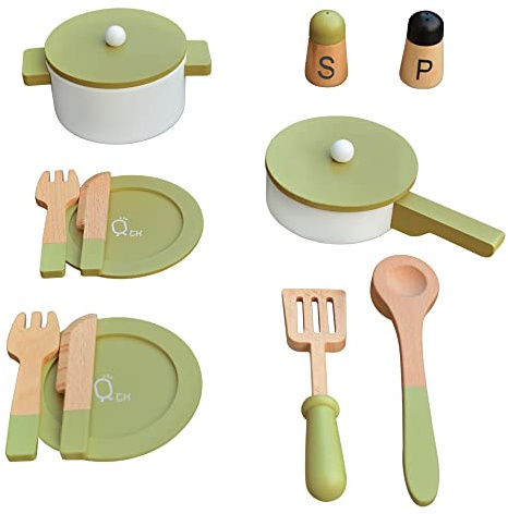 Teamson Kids Wooden Cookware Play Kitchen Accessories Toy Set 14 Pcs Green TK-W00009