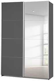 Rauch Möbel Caracas, Schwebetürenschrank, Grau metallic, Breite 136 cm | Kleiderschrank mit Schwebetüren, Schiebetüren, 2-türig, mit Spiegel, für Schlafzimmer, Kinderzimmer, Wohnzimmer, Garderobe