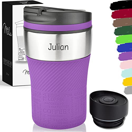 Milu Thermobecher mit Gravur - 210ml - Vatertag Muttertag personalisiert Geschenk mit Namen Ostern Weihnachten für Männer Frauen Mama Papa (Violett, 210ml (+Gravur)