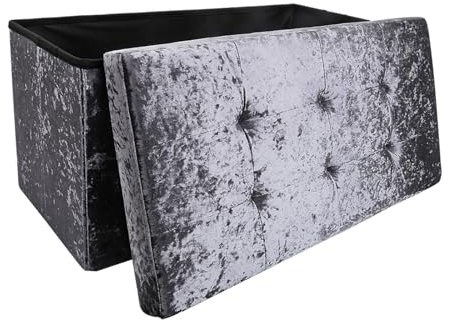 Dripex Crushed Velvet Folding Ottoman Storage Box Toy Chest and Footstool Grey Ottoman Storage Box, Storage Ottoman Seat, Stool, Toy Storage Box (Dark Grey, Medium), 76 x 38 x 38 cm