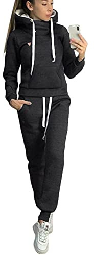 BUOYDM Tuta Donna Sportiva Completa Felpa Cappuccio Collo Alto & Pantaloni 2 Pezzi Completo Sportivo Autunno Inverno B-Nero M