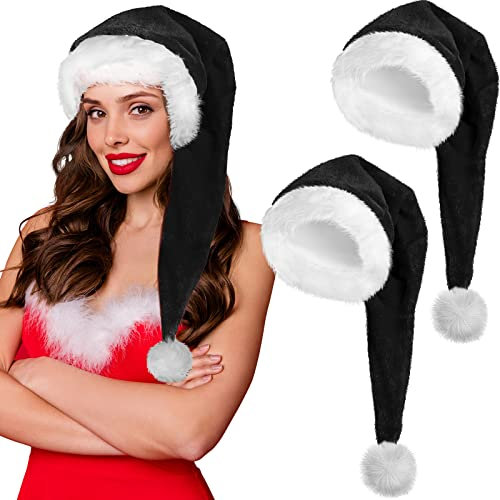 SATINIOR 2 Weihnachtsmütze Unisex Weihnachtsmütze Weihnachtshut für Erwachsene Frauen Männer Lange Weihnachtsmütze für Neujahr Festliche Feiertage Kostüm Party (Schwarz, Samt)