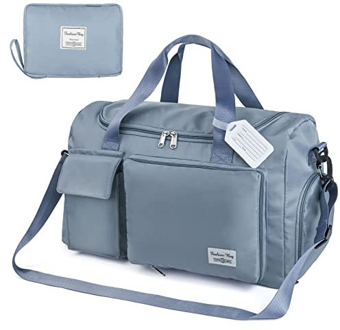 Flintronic 35L Faltbare Reisetasche Gepäcktasche Große Weekender Übernachtungstasche Urlaubstasche Wasserdicht Sporttasche für Herren Damen (mit 1 Gepäckanhänger) - Blau
