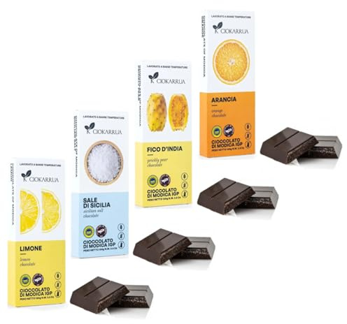Ciokarrua | Cioccolato Modica IGP Limone | Tavoletta Modica al Sale Senza Glutine | Cioccolato Modica Fico India | Tavoletta Senza Lattosio Arancia | Cioccolata Aromi Mix 4 x 100 Gr