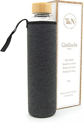 T&N glasflaska 750 ml – drickflaska glas 0,75 l med neoprenfodral – vattenflaska läckagesäker – glasflaska av tjockt borosilikatglas för kolsyra och som karaff