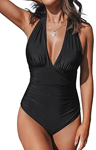 CUPSHE Women Swimsuit One Piece V Neck Halter Backless Ruched Tummy Control Vintage Swimwear Bathing Suit Black M