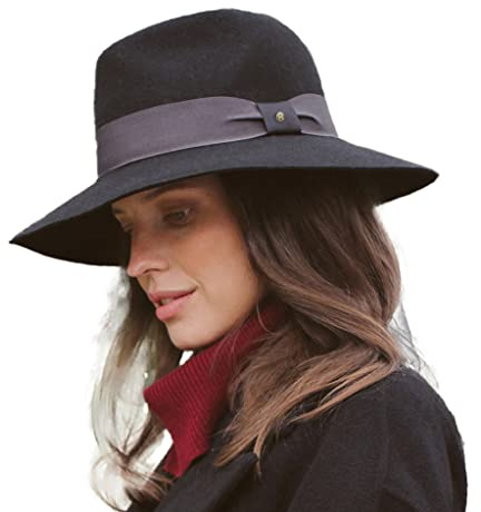 House of Ord Cape Town Heather Winter Fedora Damen Filzhut Wollhut mit Krempe UV Schutz - in Größen M/57cm & L/59cm - Größe: L/XL: 59 cm Farbe: Schwarz