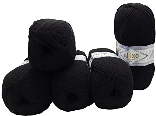 5 x 100g Strickwolle Alize Lanagold 800 mit 49% Wolle, 500 Gramm Strickgarn einfarbig (schwarz 60)
