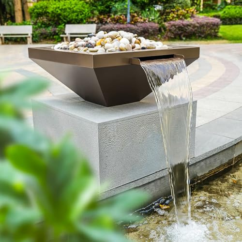PONDO 24 Square Garden Water Bowl, Stainless Steel Spilling Water Feature for Outdoor Ponds, and Other Landscaped Areas (Antique Brown Coated)