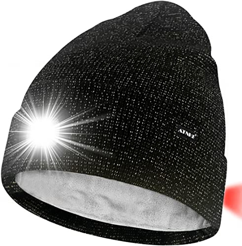 ATNKE Unisex 8 LED Mütze mit Licht,Wiederaufladbare USB Rot Blinkendes Alarm Rücklicht Laufmütze Lampe Winter Warme Gefüttertes Fleece Stricken Mütze für Herren und Damen Geschenke/Black Goldwire