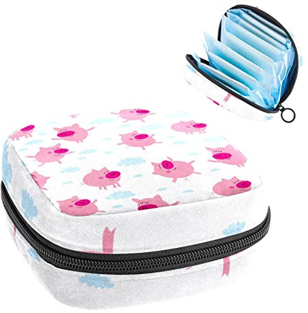 Happy Pink Pig Dancing Blue Cloud Period Pouch Tragbare Tampon Aufbewahrungstasche für Damenbinden, Mehrfarbig, 4.7x6.6x6.6 in/12x17x17 cm