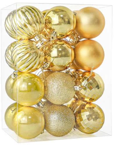 24 Pieces 60mm Christmas Tree Baubles Large Ball Baubles Ornaments Shatterproof Plastic Glitter Christmas Bulbs, Hanging Decorations for Xmas Tree Holiday Wedding Party, Gold