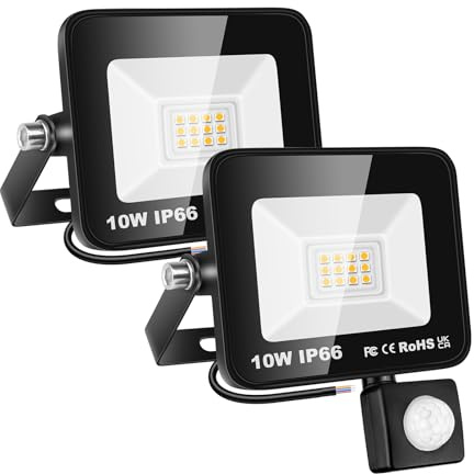 Willpower 2pcs Foco LED Exterior 10W Proyector LED con Detector de Movimiento Impermeable IP66 LuzLED Exterior 3500K Bianco Caldo Luz de Inundación Seguridad para Garaje Patio Jardín Terraza Parque
