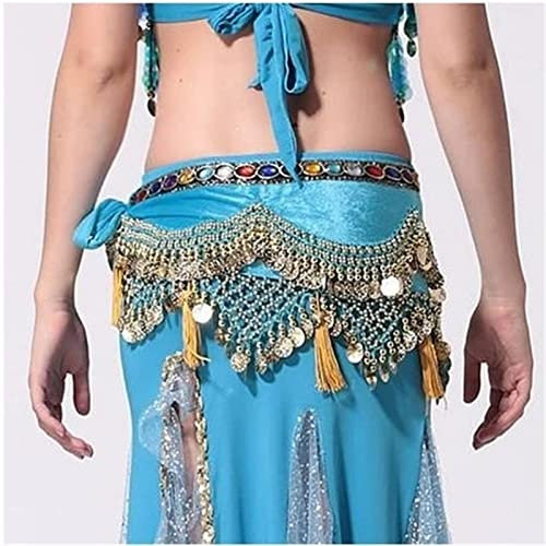 QUNINE Bauchtanz-Gürtel für Damen, Hüfttuch, Bauchtanz-Kostüme, Samt, Laterne, Goldmünzen, Bauchtanz-Hüfttuch (blau, Einheitsgröße)