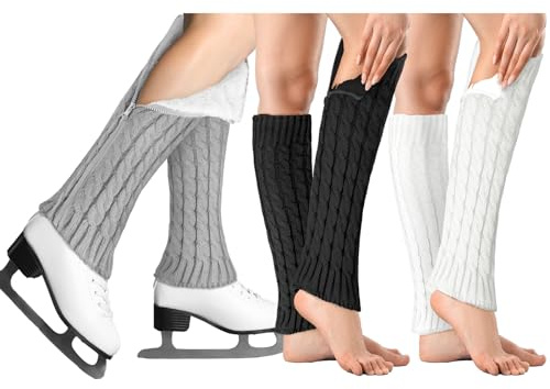 Cutecrop 3 Pair Leg Warmers for Women Ice Skating Figure Skating Winter Zipper Knit Fleece Lined Warmer(Black,White,Gray,Classic)
