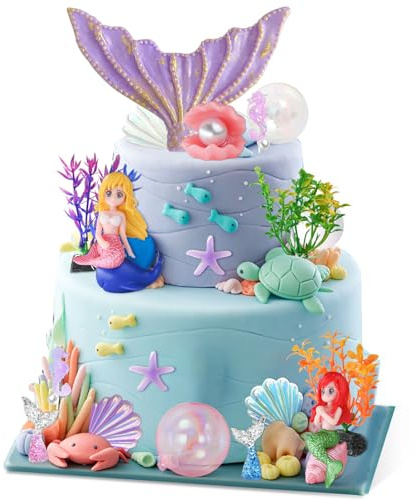 Vezerd Tortendeko Geburtstag, 19 Stück Kuchen Deko Cute Meerjungfrau Flosse | Ozean Theme Happy Birthday Cake Topper für Prinzessin Mädchen Junge Party Kindergeburtstag Torten Deko