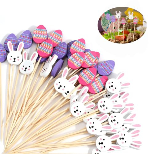 OOTSR 100Pz Palillos de Cóctel de Conejito Huevo, 13cm Pinchos Decorativos Cócteles para Pascua, Brochetas de Bambú para Fruta Aperitivos, Picks para Fiestas Sándwiches Bebidas Decoración