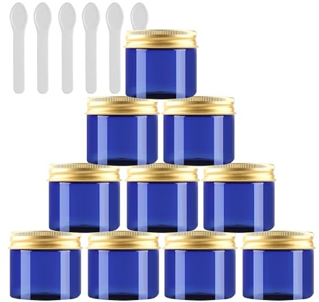 PQPAUTY 12 Stück Kleine 50 ml Blau Kunststoff Leere Cremedose Dose mit Gold Deckel 50 g Leerdose Schraubdose Blechdosen Kosmetische Behälter Tiegel, 6 Stück Spatel