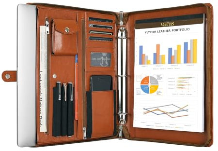 Leder-Padfolio für Damen/Herren, Business-Ledermappe mit 3 Ringen, personalisiertes Leder-Portfolio-Ordner, Reißverschluss-Portfolio-Organizer für A4-Notizblock und 13-Zoll-Laptop/Tablet, Braun