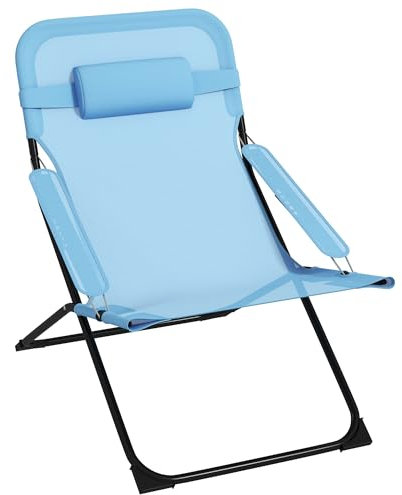 Outsunny Klappstuhl klappbarer Gartenstuhl mit Verstellbarer Rückenlehne Campingstuhl mit Kopfkissen bis 120 kg belastbar für Garten Balkon Mesh Blau