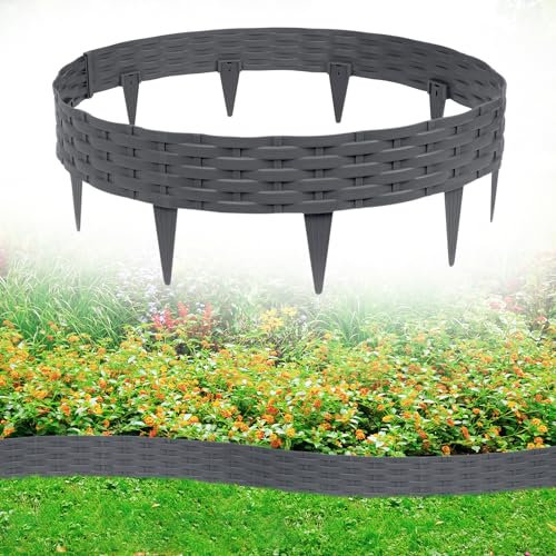JNGLGO Rasenkante Beeteinfassung Kunststoff 5m Gartenpalisade Rattan-Optik Gartenzaun Dekorator Palisaden Beetumrandunge Rasenkantensteine Anthrazit 【5m - 5pcs】
