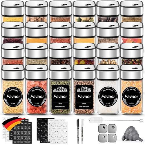 Fsvaer 24 Gewürzgläser Eckig,120ML Gewürzdosen Set mit Streueinsatz,Gewürzstreuer mit Drehdeckel-Starke Versiegelung,Edelstahl-Glas Gewürz Organizer inklusive Trichter, Etikett und Stift