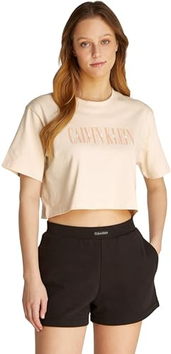 Calvin Klein Women’s Short Sleeve Varsity Boxy Cropped T-Shirt, Beige (Brazilian Sand), XS