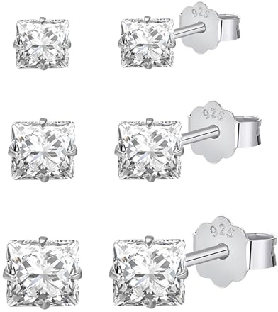 HinDaLi 3 Pares Pendientes Plata de Ley 925 para Hombre y Mujer: Cuadrados, Diamante Pequeños, Botón y Circonita Pendientes, Aretes