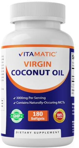 Vitamatic Virgin Coconut Oil Softgels, 3000 mg Per Serving, 60 Servings, 180 Count, Non-GMO, Gluten Free