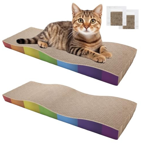 Kratzbretter Katze, 2 Stück Haltbar Kratzpappe für Katzen mit Katzenminze, Recycelbare Katzen Kratzbrett Pappe 62.9 * 21.5 * 4.8cm, katzenkratzbretter zur Krallenpflege