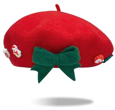 TAGVO Weihnachtsbaskenmütze Erwachsene Weihnachtsmütze Barett Baskenmütze Mit Kaschmir Wintermütze Barett Weihnachts Französischer Stil Barett