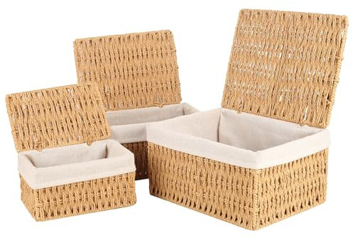 Aevcvok Lot de 3 Panier Rangement avec Couvercles, Panier Osier Empilable, Panier Rangement Salle de Bain Paniers pour Etagères Corbeille Rangement pour Salle de Bain, Salon, Cuisine