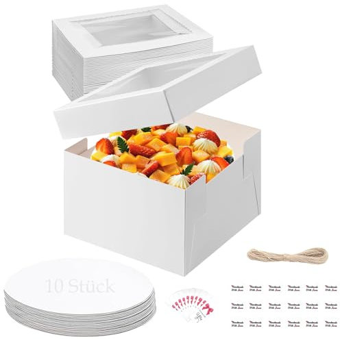 Kongming Cajas Carton Tarta con Bandejas, Caja de Pastel de 10 Piezas con Ventana Transparente, Caja de Pastel Bento Blanca para Transportar Pasteles de 8 Pulgadas Alto