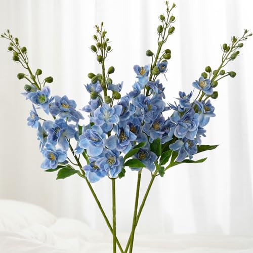 JINWOE Blå delphinium konstgjorda blommor, 4 st 66 cm stora verklighetstrogna lönnsporre växt silkesblommor med lång stam för hög golvvas hem bröllop kontor fest arrangemang dekoration