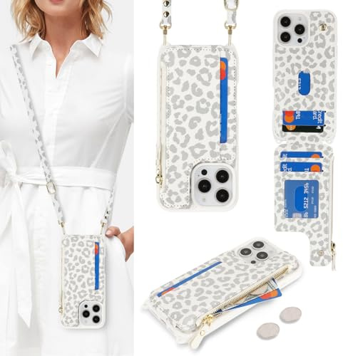 saihamny Handyhülle für iPhone 16 Pro Etui mit Kartenfach, Hülle für iPhone 16 Pro Handyhülle mit Verstellbarer Halskette Handytasche mit Reißverschluss Geldbörse - Weißer Leopard