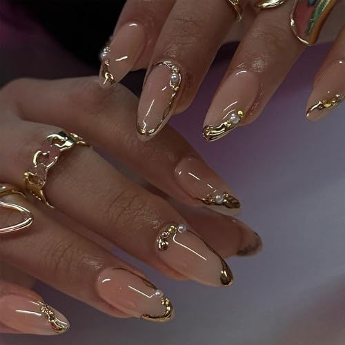 Cosmeria Künstliche Fingernägel Zum Aufkleben, 24 Stück Set Mit Jelly Glue, Goldene French Tip Nägel, Geschenk Für Frauen Und Mädchen