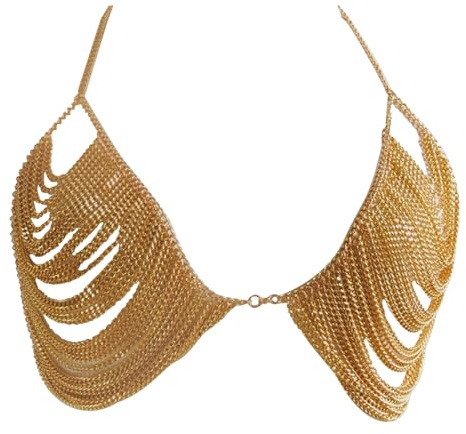 NICENEEDED Cadena Corporal para Mujer, Cadena de Pecho de Múltiples Capas Cadena de Sujetador de Moda, Cadena Corporal con Borlas Doradas, Accesorios de Joyería para el Cuerpo