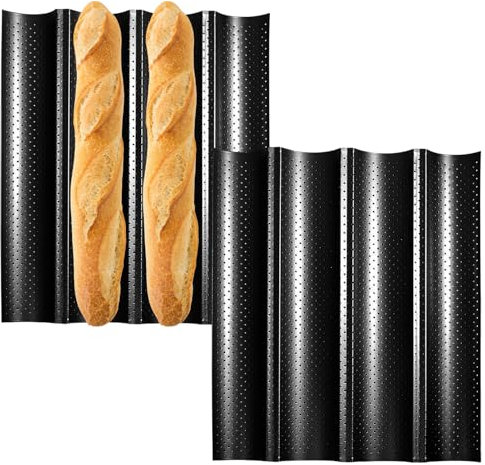 Pasdrucn 2 piezas molde para pan horneado accesorios para hornear pan, molde para baguette con revestimiento antiadherente, bandeja para hornear baguette con revestimiento antiadherente para 4