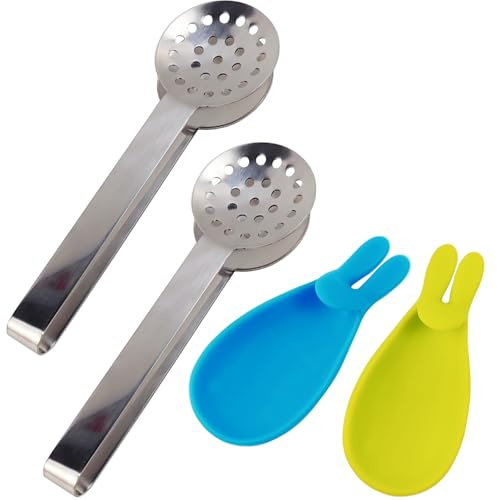 GXXMEI 2PCS Stainless Steel Tea Bag Tongs with 2PCS Bunny Silicone Tea Bag Holders, Round Tea Bag Squeezer - 6inch Tea Bag Strainer Clips Herb or Sugar Ice Cube for Kitchen Bar Tools
