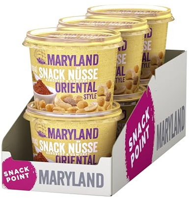 Maryland Snack Nüsse Oriental Style 275g Becher Vorratspack - Erdnüsse, Cashewkerne und Mandeln in Nussmischung - Orientalisch gewürzt - wiederverschließbarer Becher (6 x 275 g)