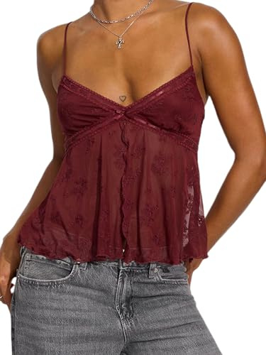 Acrawnni Women's Y2K Lace Spaghetti Strap Cropped Tank Top Sleeveless V Neck Mesh Slim Fit Cami Tops Going Out Streetwear (A-Claret, S)