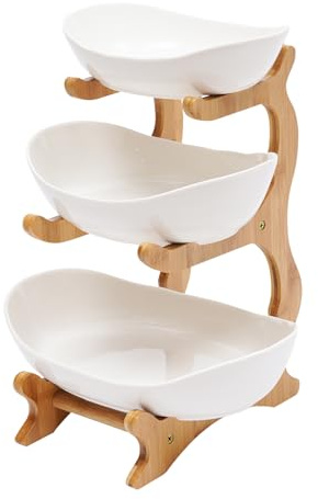 Repomanda 3-Tier Ceramic Fruit Bowl with Bamboo Stand – Large Kitchen Countertop Organizer for Fruits, Vegetables, Snacks & Bread – Yuanbao-Shaped, Anti-Slip ( White/ Earthy Color ) (White)