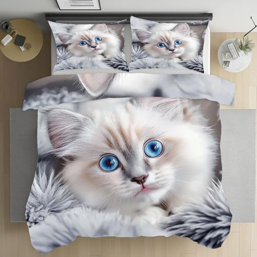 Yidbhsse Chat Kawaii Parure De Lit 220x240 Adulte, Mignon Animaux Housse De Couette Fermeture Éclair Microfibre, Parure De Drap Chat Siamois Linge De Lit, Draps Et 2 Taies D'oreillers