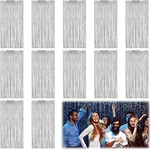 12 pezzi argento tenda metallica con frangia lucida in alluminio Shimmer tenda glitterata decorazione festa matrimonio compleanno Halloween Photobooth Natale Party (1 x 2 m)